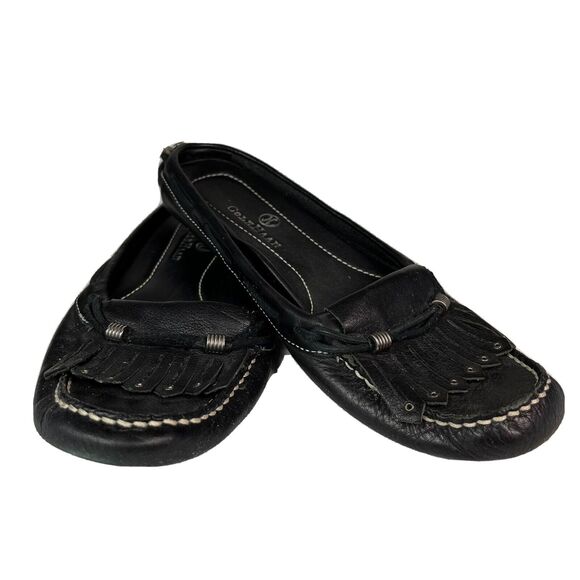 Cole Haan Womens Feathered Moc-Toe Mule Slip-On BLACK Leather Flat Shoes Sz 6B - Picture 1 of 8